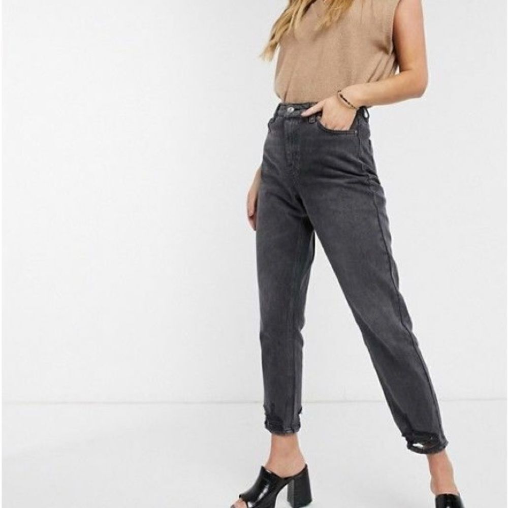 Topshop Dark Gray Distressed Ripped at Ankle Mom Jeans